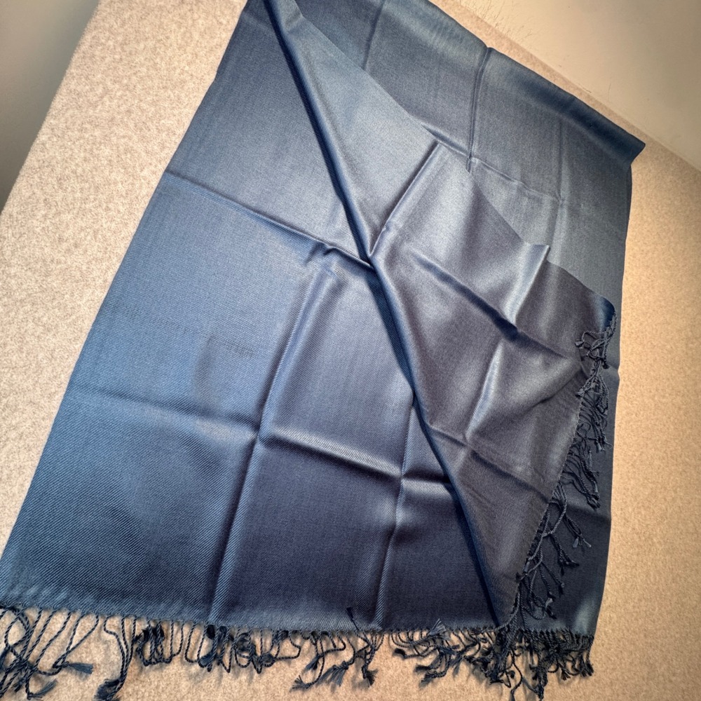 Blue Pashmina Style Shawl Wrap Fringe Trim Evening Scarf 76x29.5 - Picture 2 of 5